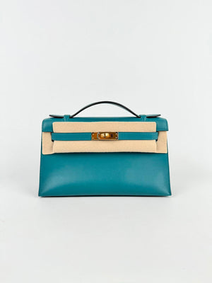 Hermes Kelly pochette Vert Bosphore Swift Gold hardware