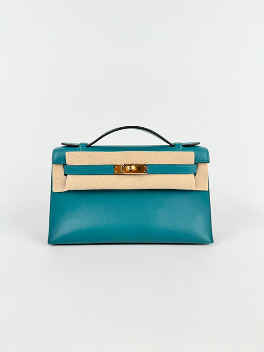 Hermes Kelly pochette Vert Bosphore Swift Gold hardware