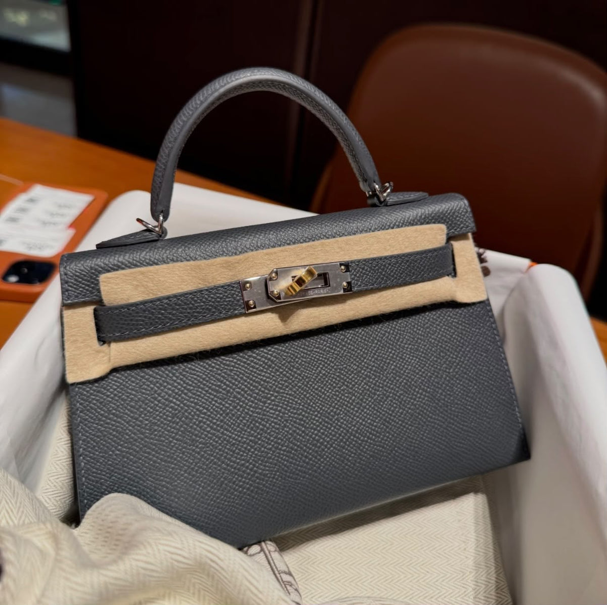 Hermes Mini Kelly 20 Gris Misty Epsom Electrum hardware