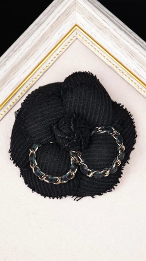 Chanel 23B Black and Gold Leather Camellia Brooch with Chain