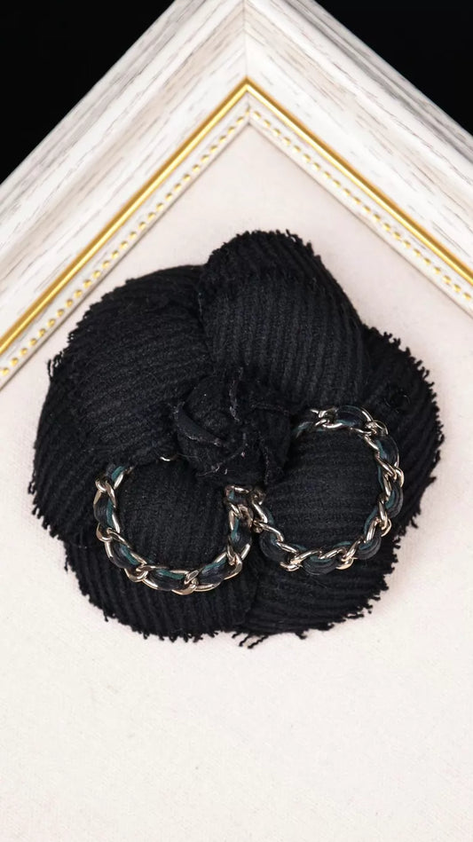 Chanel 23B Black and Gold Leather Camellia Brooch with Chain