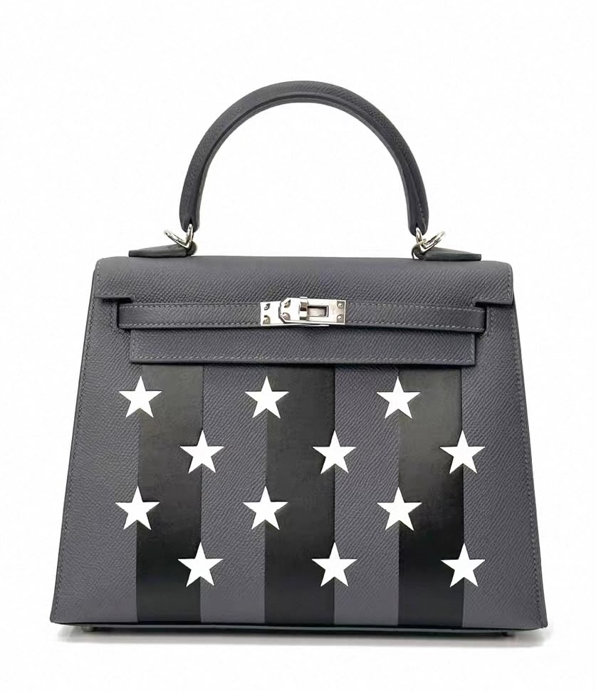 Hermes Kelly 25 Casaque Etoile Ardoise Epsom / Black Tadelakt / Peppermint Chevre palladium hardware