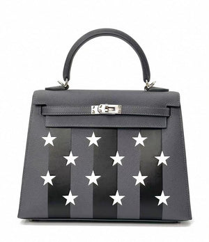 Hermes Kelly 25 Casaque Etoile Ardoise Epsom / Black Tadelakt / Peppermint Chevre palladium hardware
