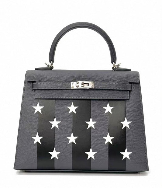 Hermes Kelly 25 Casaque Etoile Ardoise Epsom / Black Tadelakt / Peppermint Chevre palladium hardware