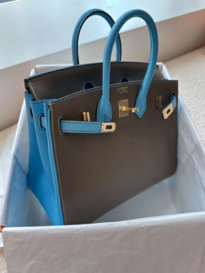 Hermes Birkin 25 Hss Etoupe/Bleu Celeste Chèvre Mysore Gold hardware