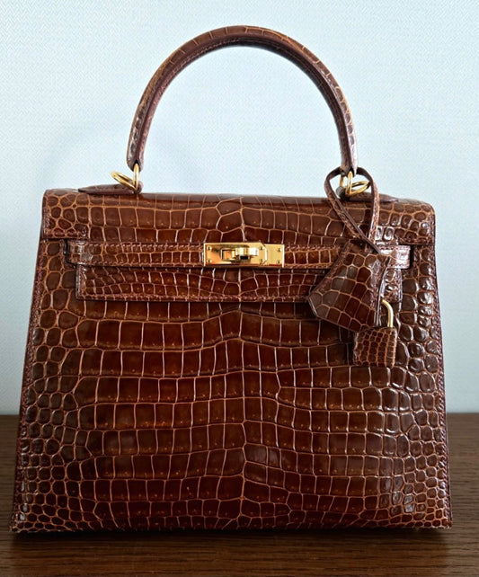 Hermes Kelly 25 Miel Shiny Porosus gold hardware