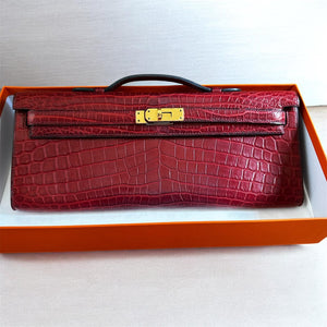Hermes Kelly cut Rouge H Matte Porosus Gold hardware