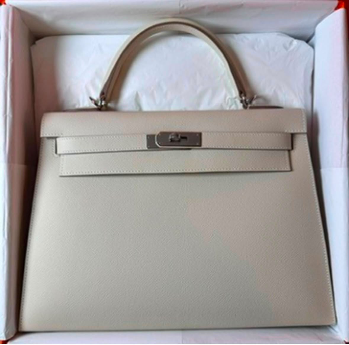 Hermes Kelly 32 Craie Epsom Palladium hardware