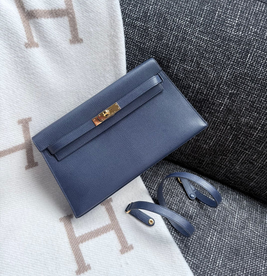 Hermes Kelly elan blue sapphire chevre mysore gold hardware