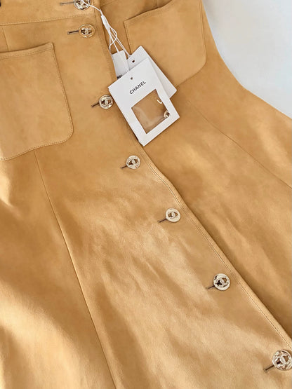 Chanel 24P Brown Suede Double C Rhinestone Button Midi Skirt