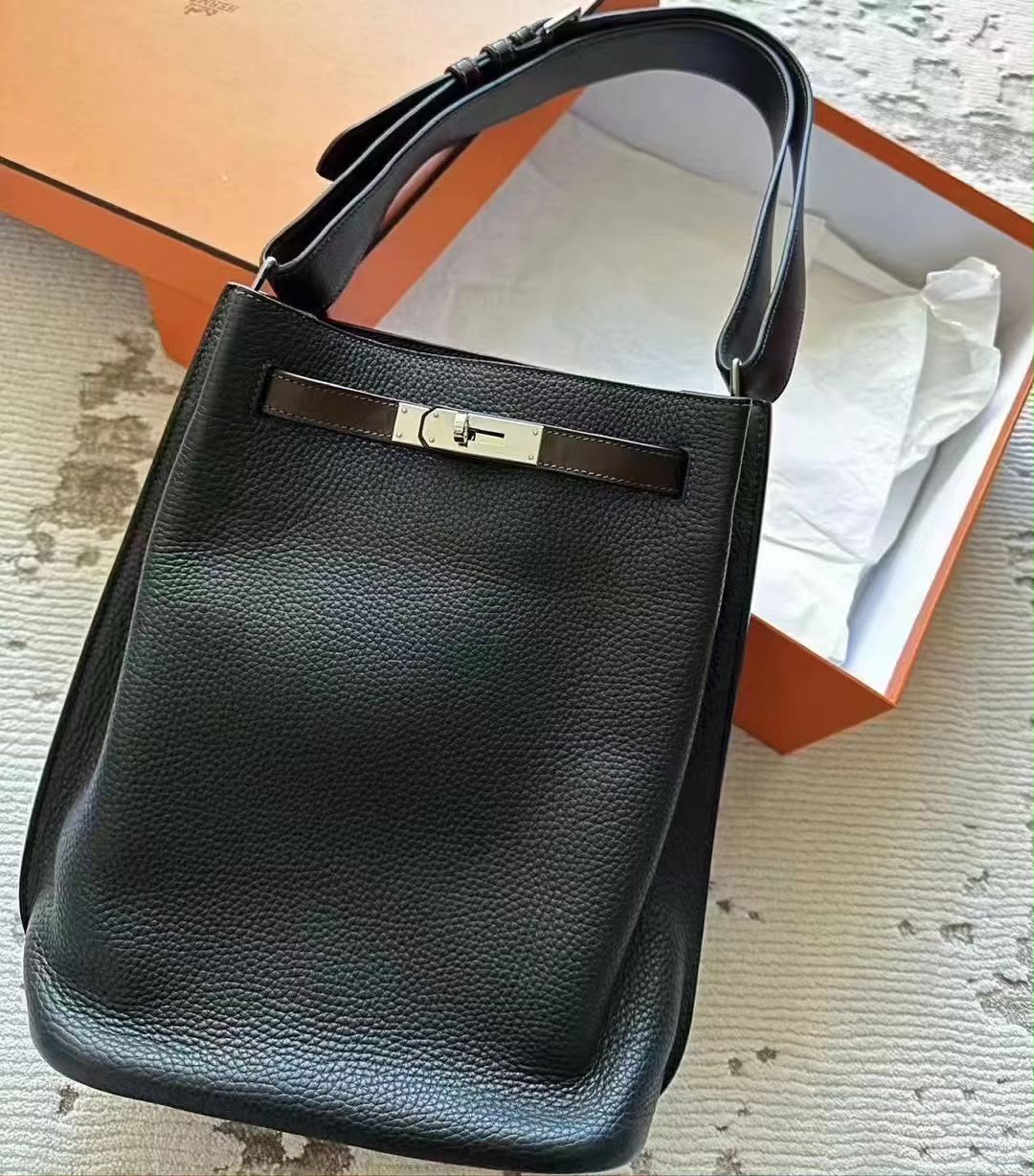 Hermes So Kelly 22 Ebene Box & Graphite TC Palladium hardware