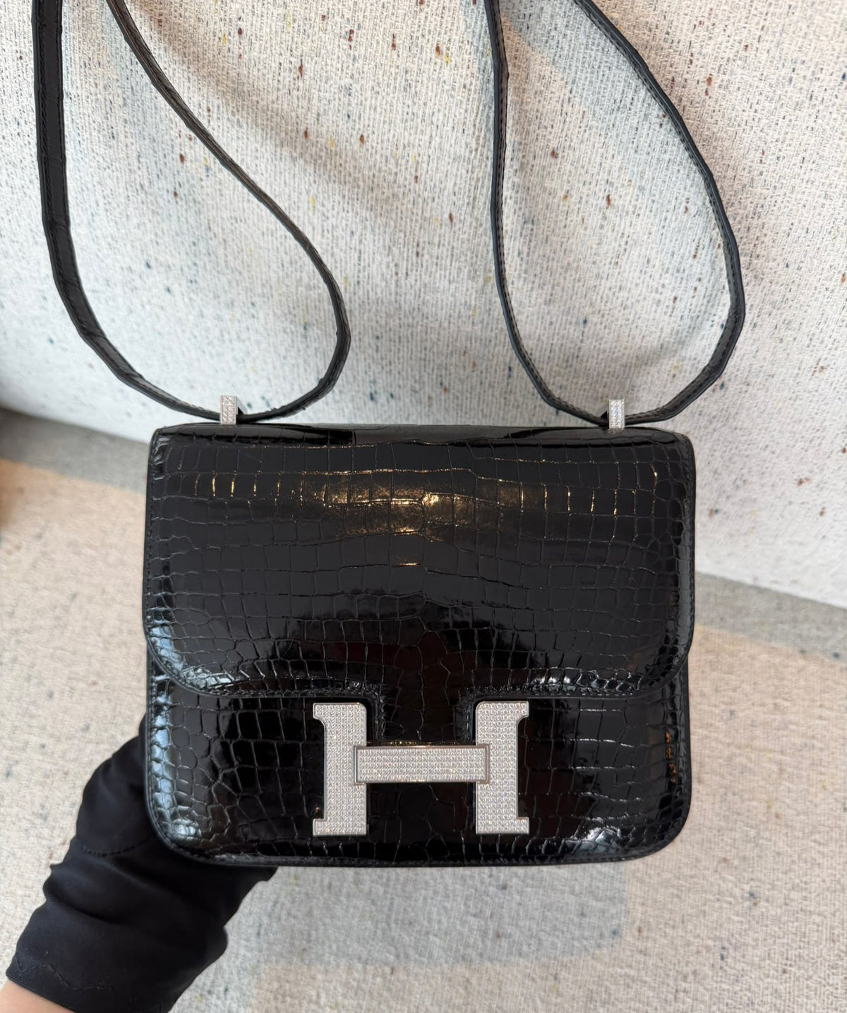 Hermes Constance 18 black shiny Porosus diamonds