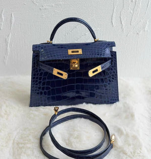 Hermes Mini Kelly 20 Bleu Saphir Shiny Alligator Gold hardware