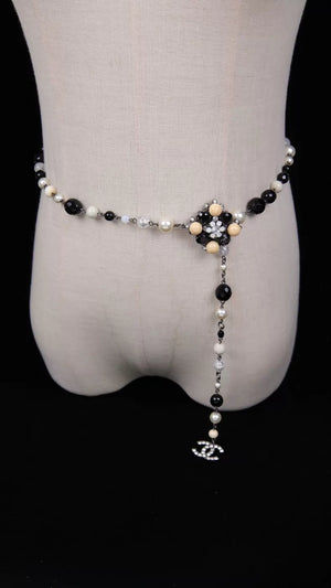 Chanel 08 Black and White Pearl Diamond Pendant Waist Chain