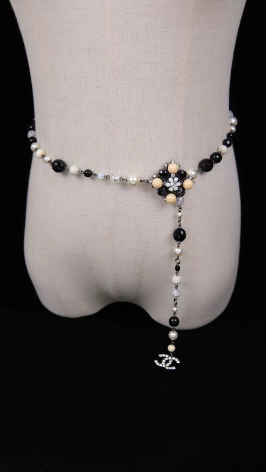 Chanel 08 Black and White Pearl Diamond Pendant Waist Chain