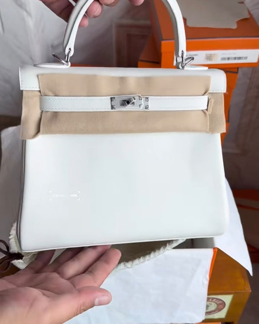 Hermes Kelly 25 New White Swift Palladium hardware