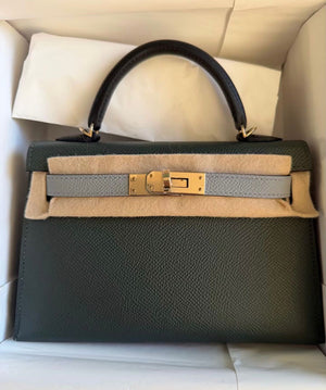 Hermes Mini Kelly 20 Vert Mangorve / Gris Pantin / Black Epsom Permabrass hardware