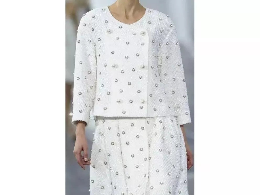 Chanel 13 White Twill Pearl Jacket