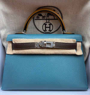 Hermes Mini Kelly 20 Tricolor Bleu Jean/Ecorce/Sesame Epsom Palladium hardware