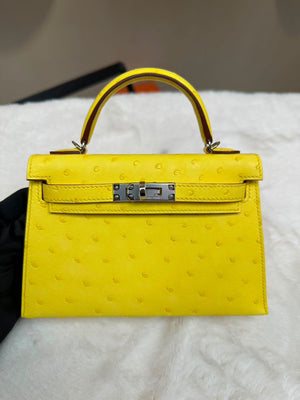 Hermes Mini Kelly 20 Jaune Citron Ostrich Palladium hardware