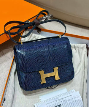 Hermes Constance 18 blue de malte lizard gold hardware