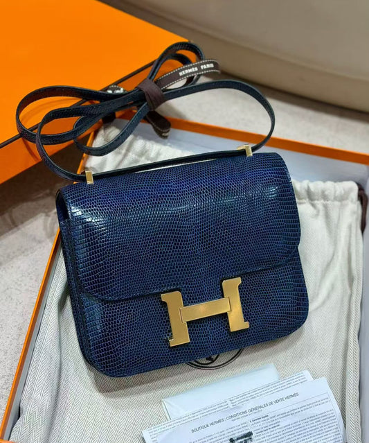 Hermes Constance 18 blue de malte lizard gold hardware