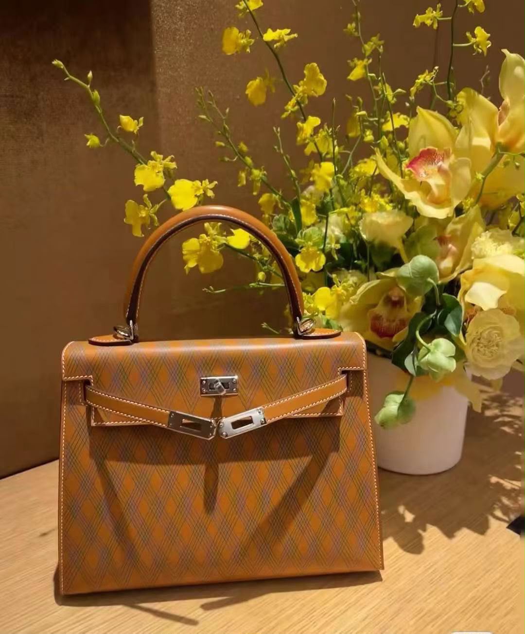 Hermes Kelly 25 Losanges Sable Butler Palladium hardware