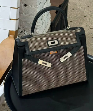 Hermes Kelly 28 Black Swift / Toile Quadrille Palladium hardware