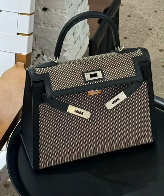 Hermes Kelly 28 Black Swift / Toile Quadrille Palladium hardware