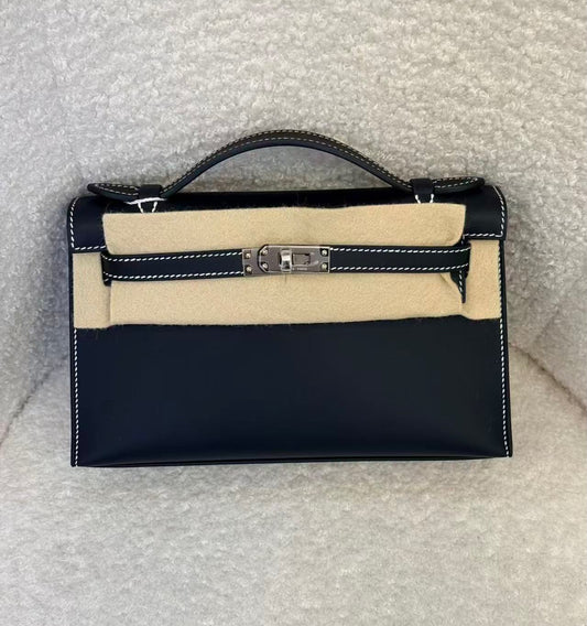 Kelly Pochette Hss Black Swift Interior Gris Perle With Contrast Stitch Palladium Hardware