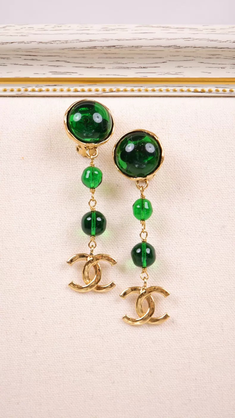 Chanel 94 Green Glass Gold Earring