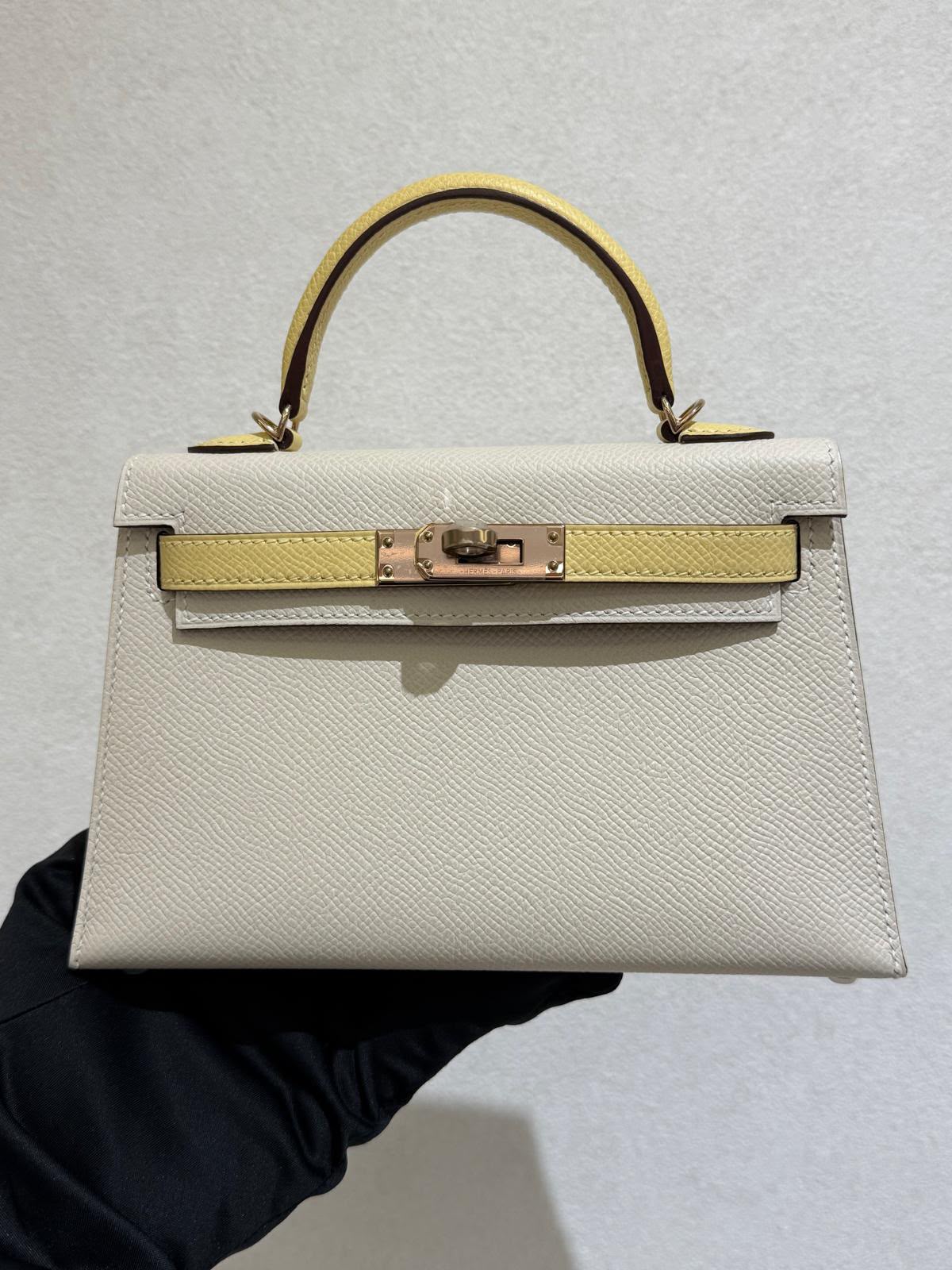 Hermes Mini Kelly 20 HSS Craie / Jaune Poussin Epsom Permabrass Hardware