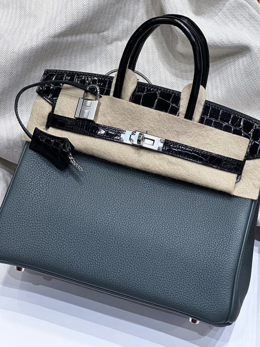 Hermes Birkin 25 Touch Vert Mangrove Togo & Black Shiny Niloticus Palladium hardware