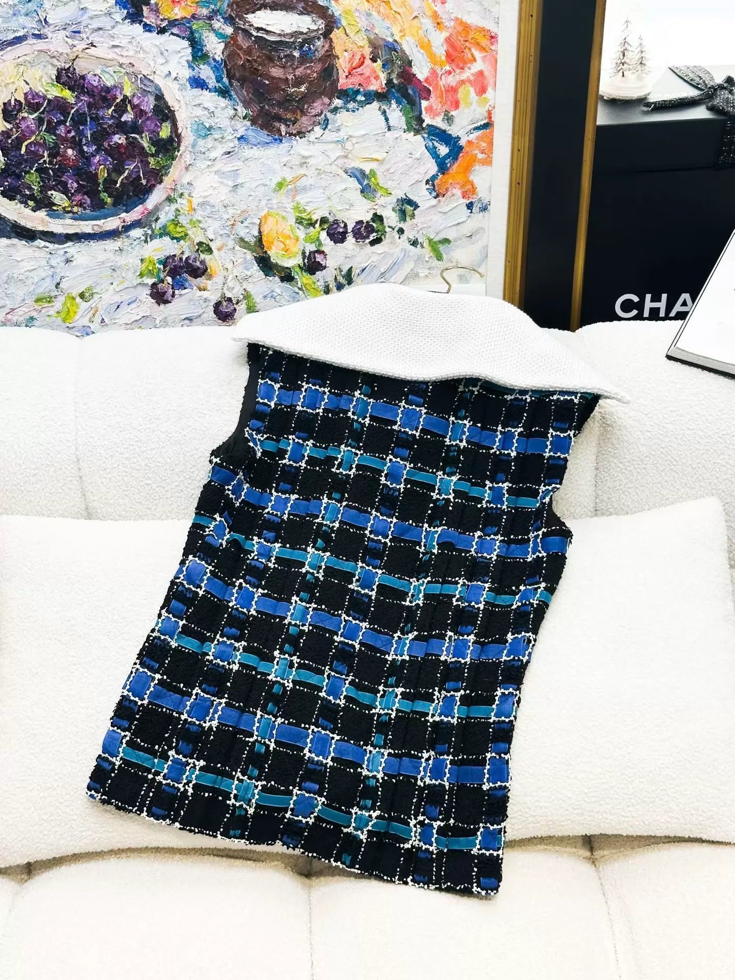 Chanel 22C black and blue tweed suit