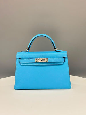 Hermes Mini Kelly 20 Bleu Celeste Chevre Palladium hardware