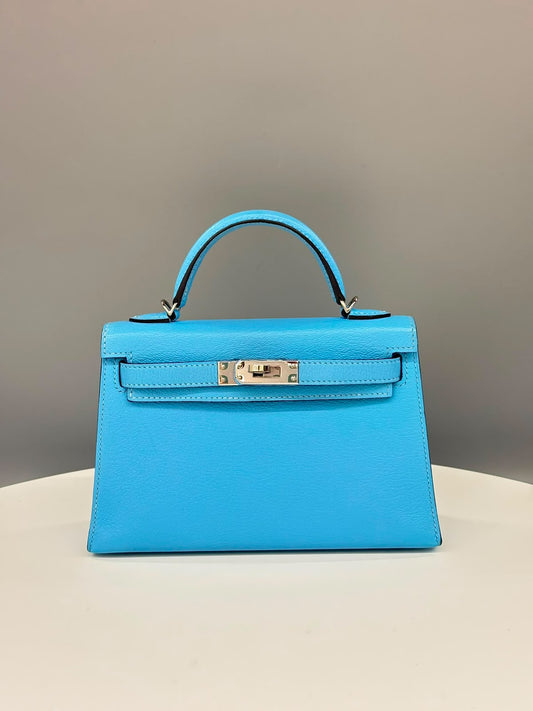 Hermes Mini Kelly 20 Bleu Celeste Chevre Palladium hardware