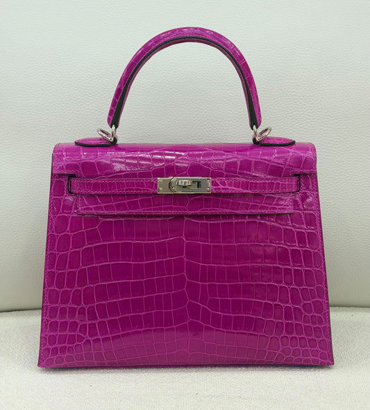 Hermes Kelly 25 rose Scheherazade shiny niloticus palladium hardware