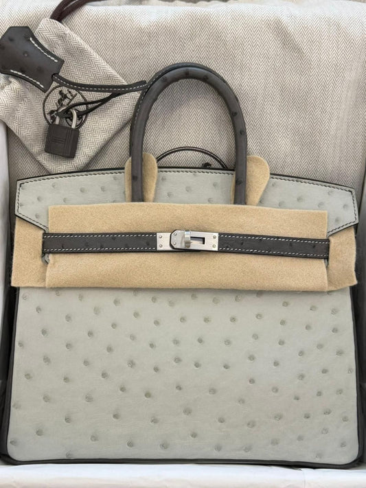 Hermes Birkin 25 HSS Gris Perle / Gris Orage Ostrich Brushed palladium hardware