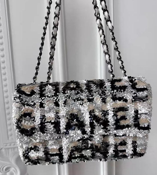 Chanel Classic Flap Medium limited edition Sequin Silver / Black Palladium hardware