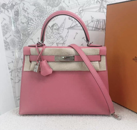 Hermes Kelly 28 Rose Azalee Epsom Palladium hardware