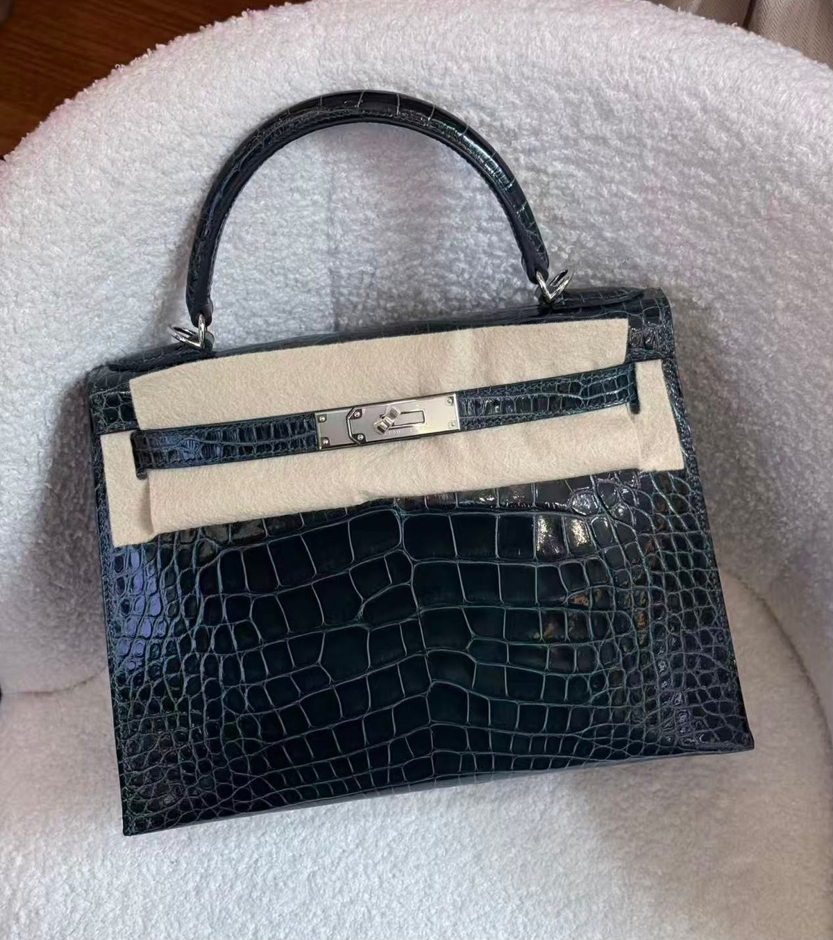 Hermes Kelly 28 vert cypress shiny alligator Palladium hardware