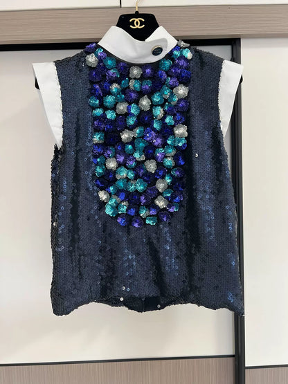 Chanel 23C bleu sequined vest