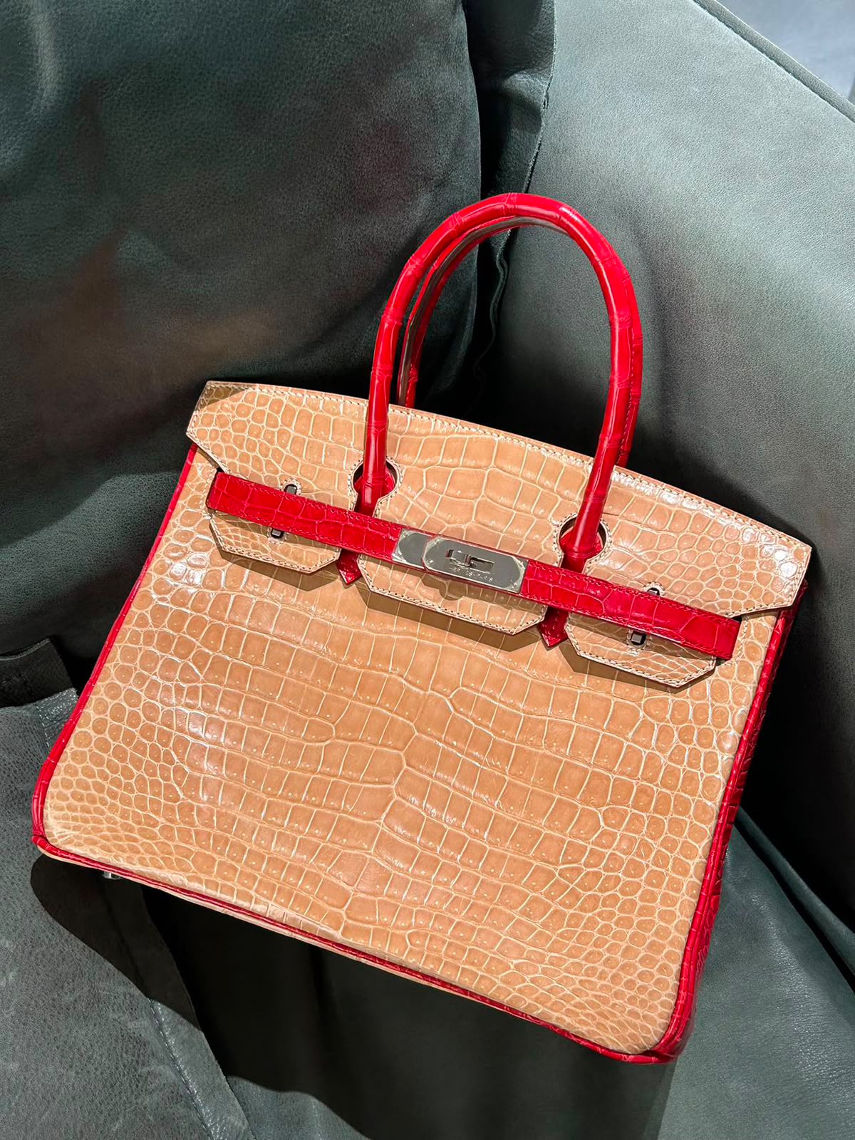 Hermes Birkin 30 Hss Beige/ Braise Shiny Porosus Palladium hardware