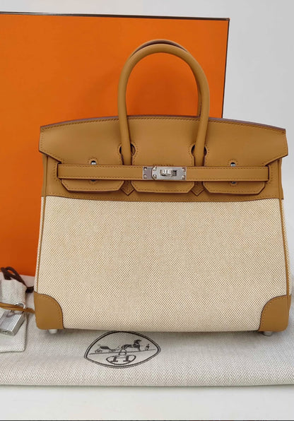 Hermes Birkin 25 Sesame Swift & Ecru Toile Palladium hardware