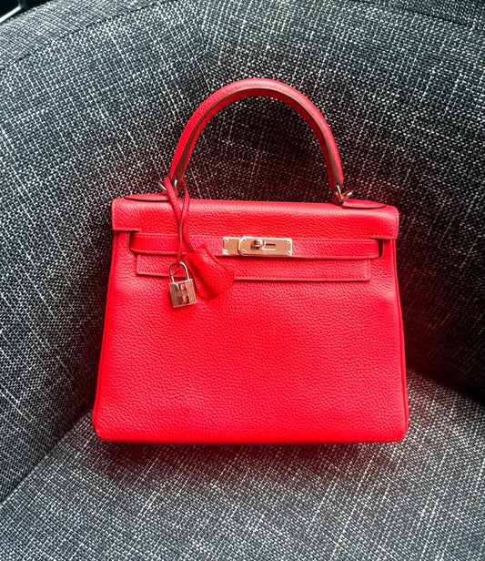 Hermes Kelly 28 rouge pivoine Clemence Palladium hardware