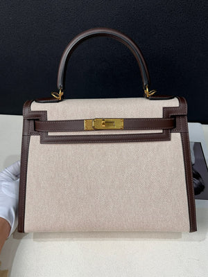 Hermes Kelly 38 Moka Swift & Ecru Toile Gold hardware