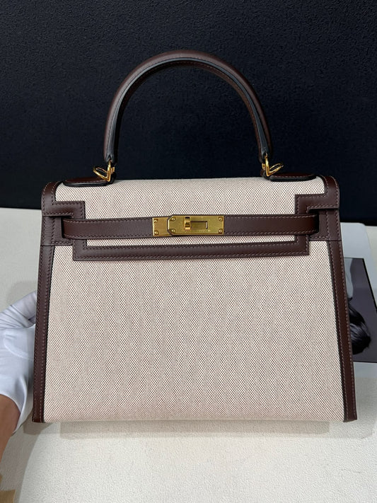 Hermès Kelly 38 Moka Swift & Ecru Toile Gold Hardware