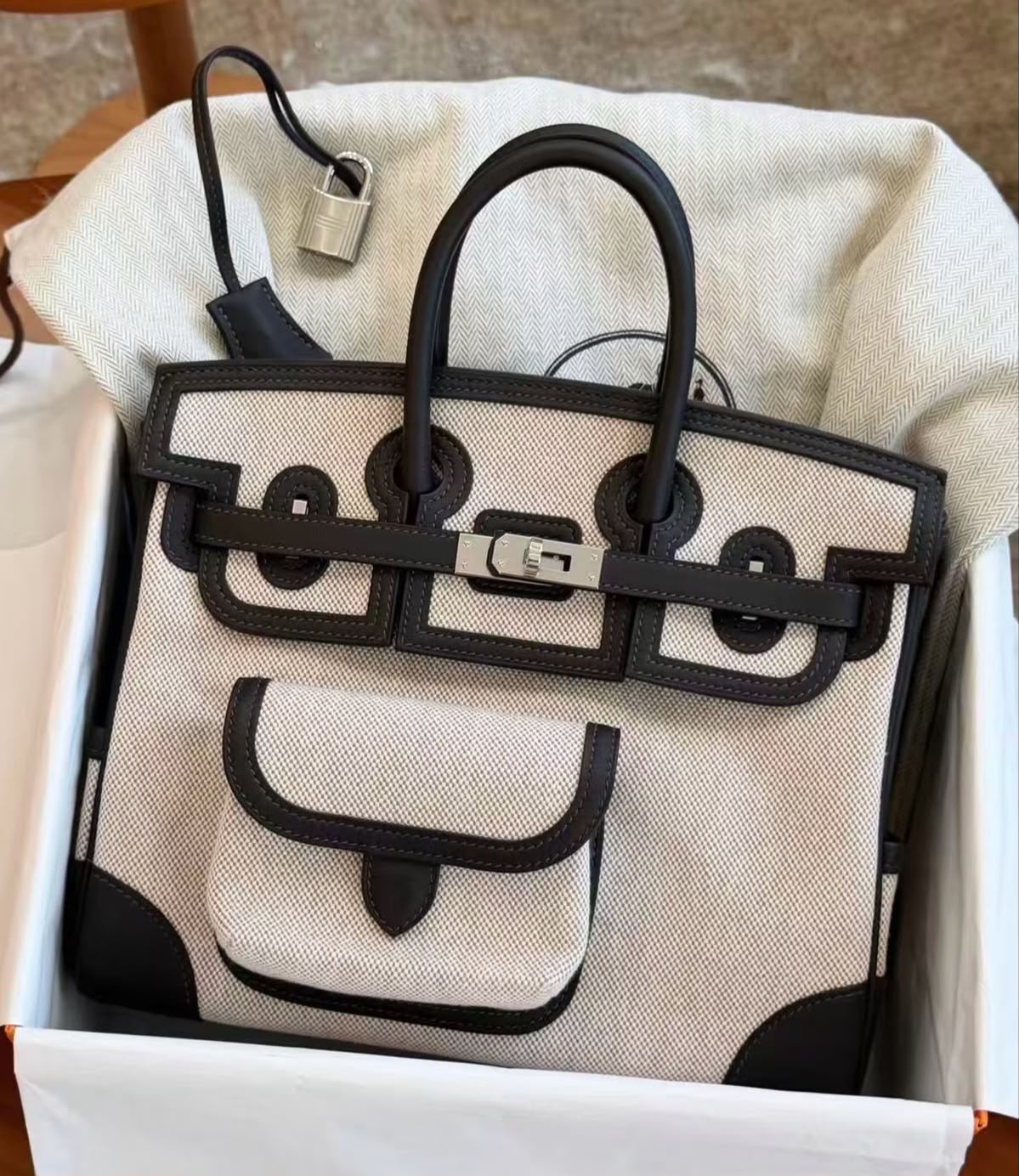Hermes Birkin 25 Crago Bai Brun Swift & Ecru Toile Palladium hardware