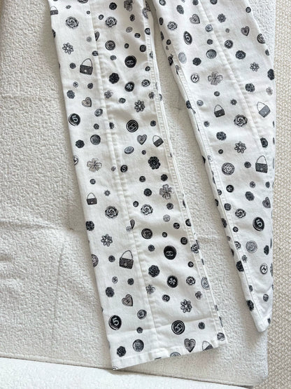 Chanel 25B White All-over Graffiti Straight Leg Pants