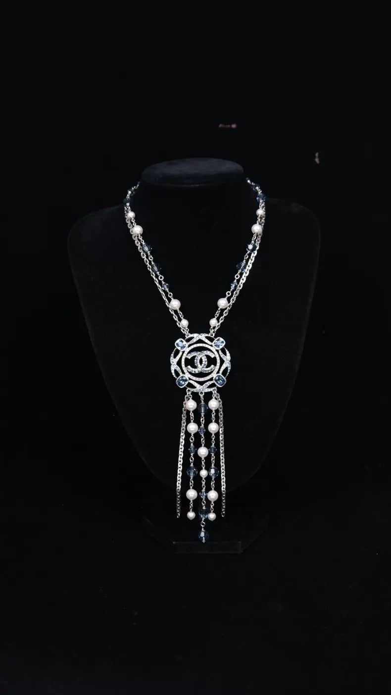 Chanel 19 Blue Rhinestone Openwork CC Tassel Pendant Necklace